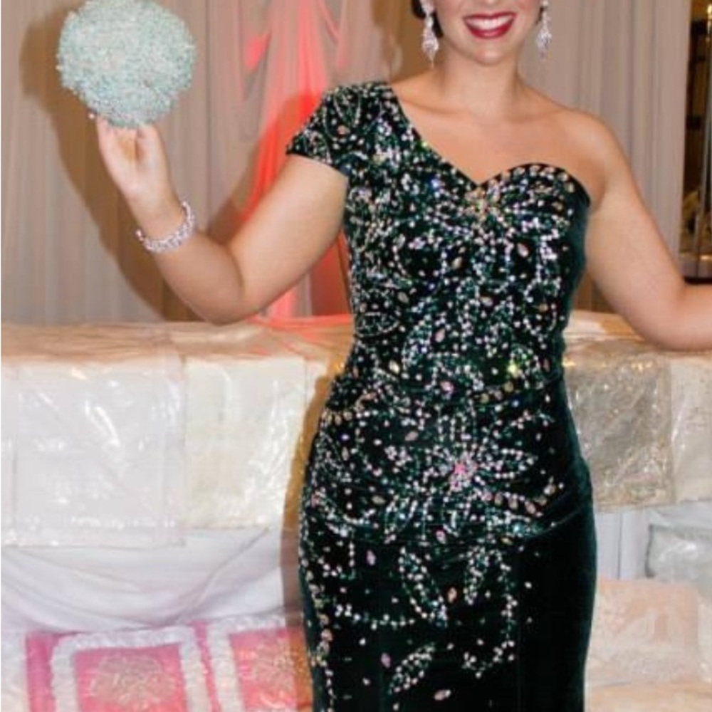 One shoulder dreen velvet embellished gown